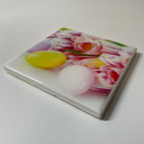 EASTER Eggs And Flowers Coaster Ceramic Tile Pink Tulips